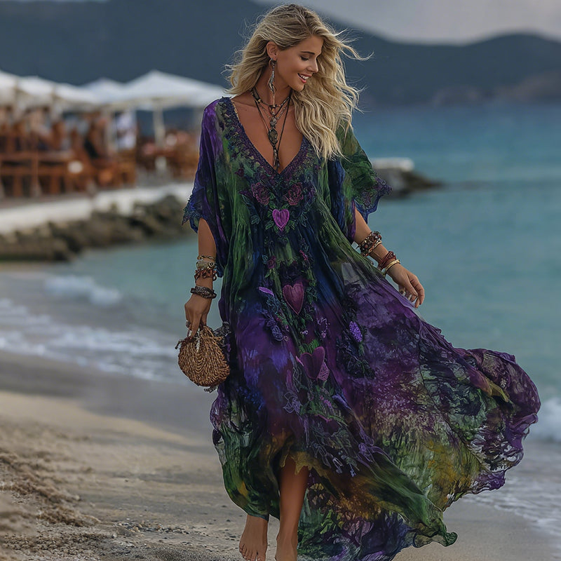 Women's Vintage  Love Heart With Floral Embroidery Tie-dye Art V-neck Short Sleeve Kaftan elevenforest