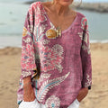 Vintage Floral Print V-neck Loose Linen Blend T-shirt elevenforest