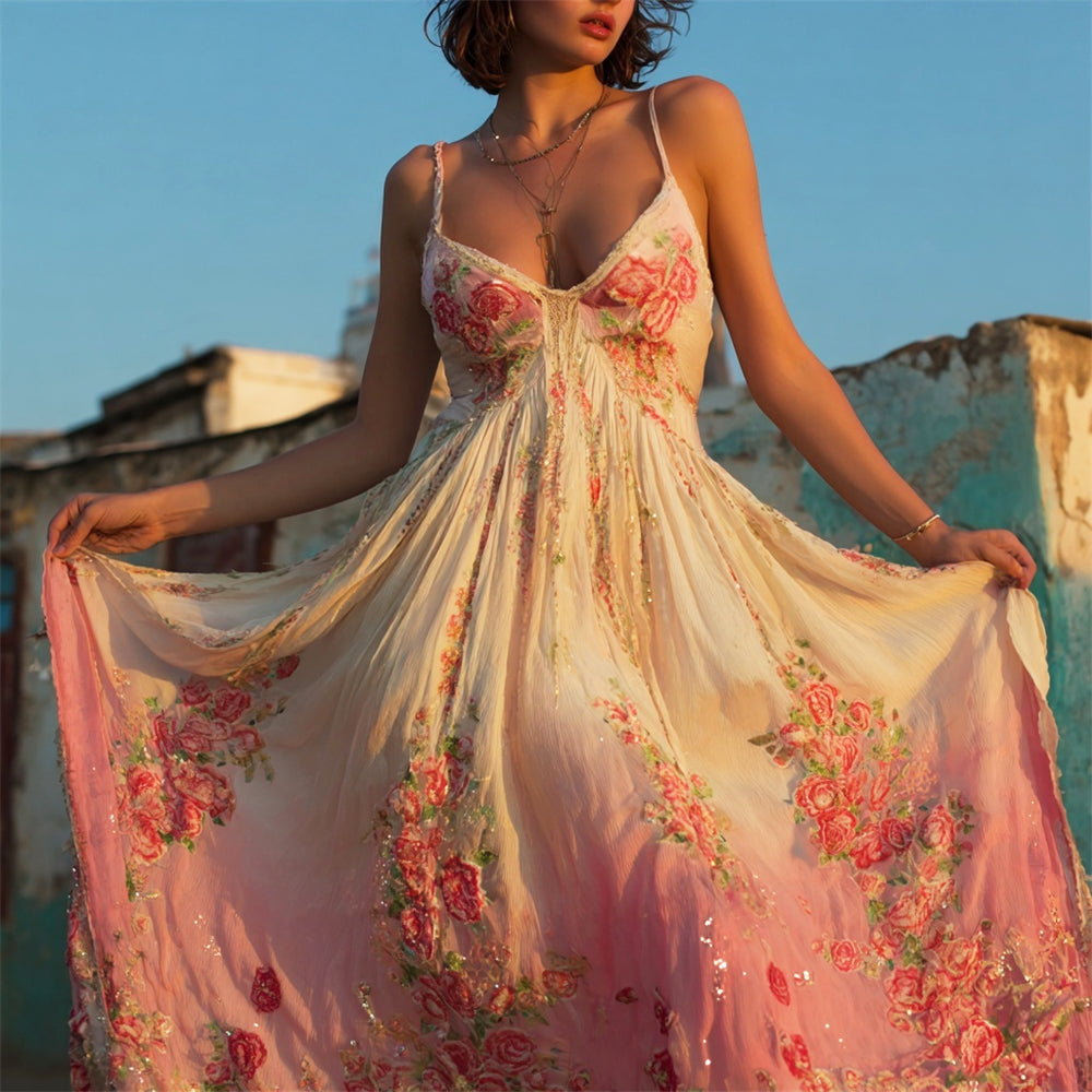 Boho Vintage Floral Sequin Embroidery Women's Spaghetti Strap Maxi Dress elevenforest