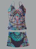 V-Neck Vintage Flowers Print Suspender Skirt Tankini Pantskirt Set Swimsuit