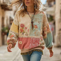 Women's Retro Bohemian Floral Stitching Comfortable Crew Neck Sweatshirt elevenforest