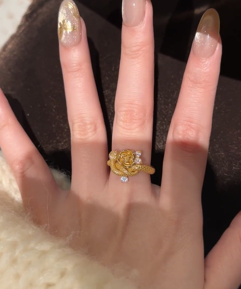 Unique Gold Sterling Silver Overgild Zircon Rose and Snake Rings