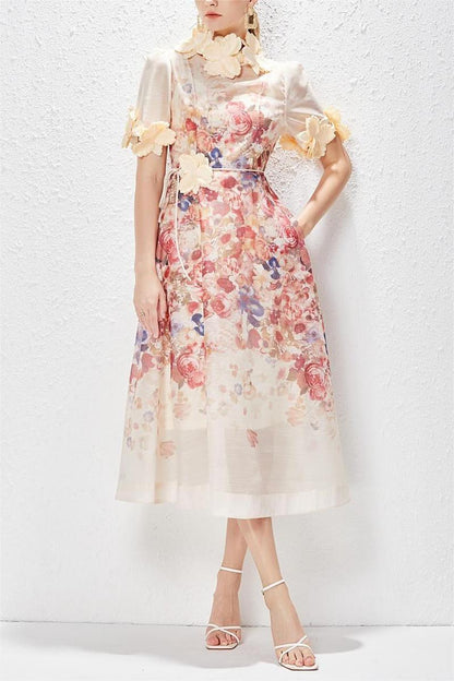 Round Neck Lace Up Short Sleeve Midi Dress