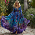 Women's Vintage Rose Floral Gradient Pattern V-neck Long-sleeved Dress elevenforest