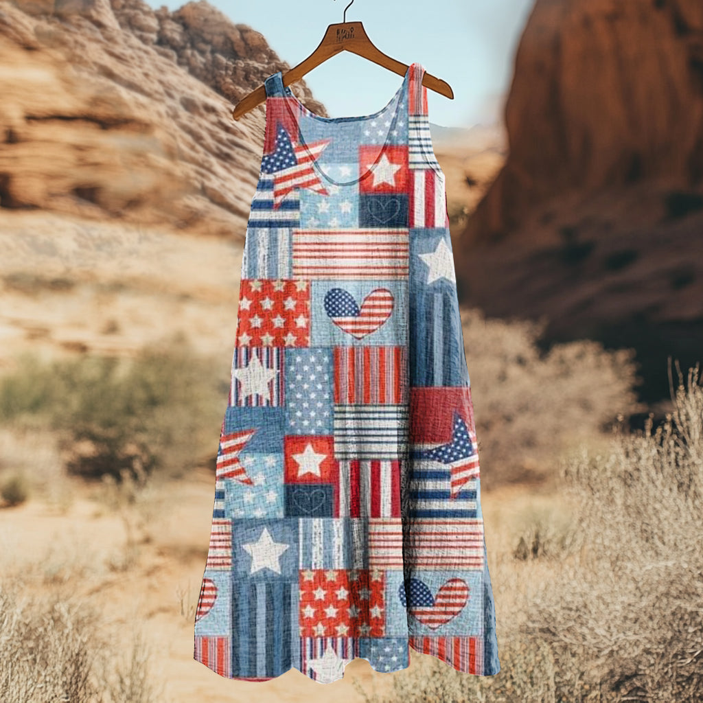 Vintage Independence Day Patch Floral Art Linen Casual Tank Dress elevenforest