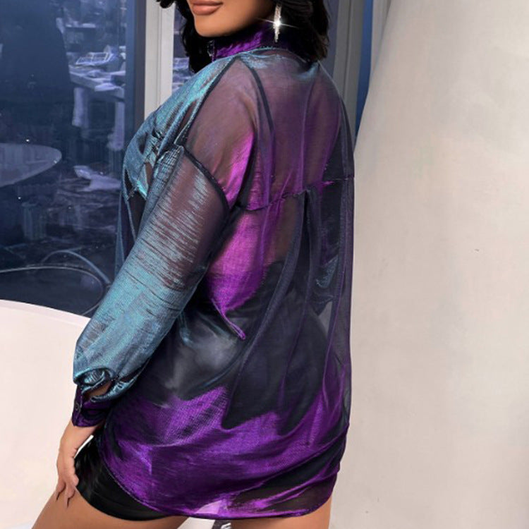 Spot Personalized Laser Magic Color Bright Silk See-through Long Sleeve Blouse