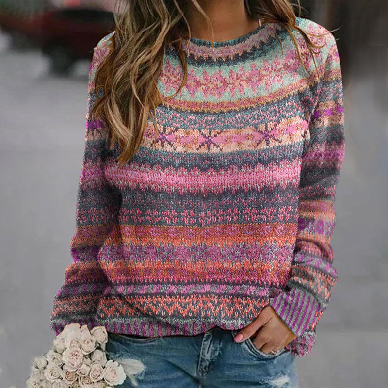 Ethnic Style Jacquard Vintage Crew Neck Sweater elevenforest