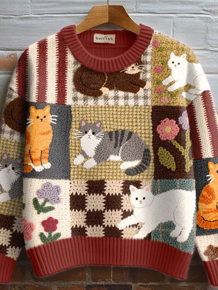 Women's Fall Floral Cat Crochet Pattern Cozy Knit Sweater elevenforest