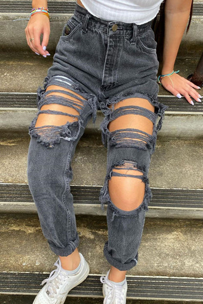 Ripped Mid Waist Straight Denim