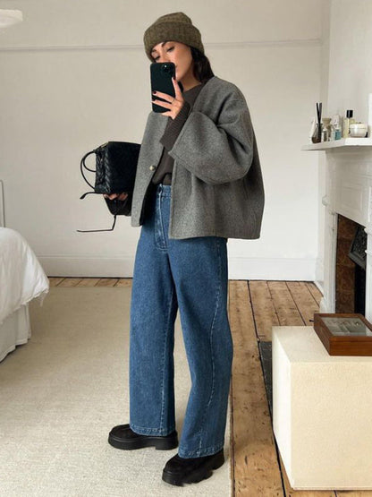 New Fashionable Short V-neck Woolen Cardigan Single-button Jacket