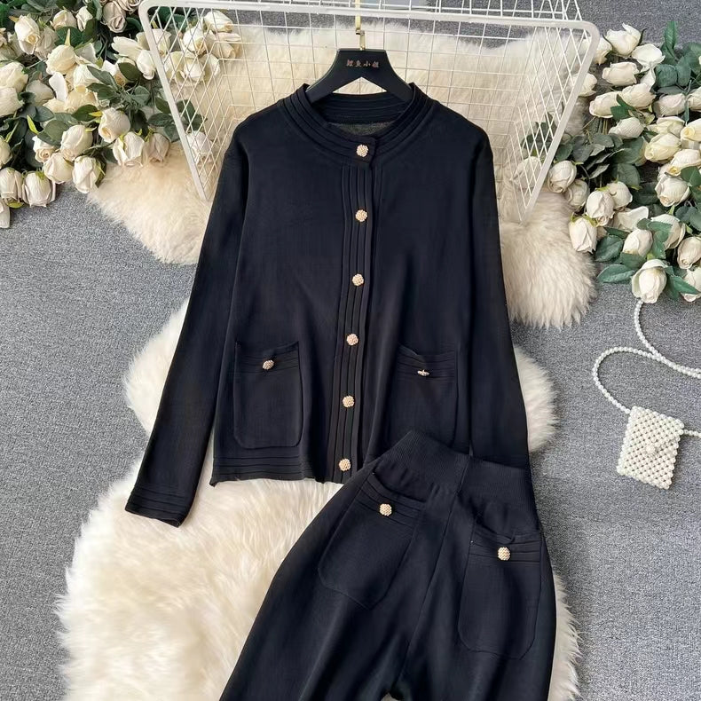 Knitted Cardigan Top Spring Autumn High End Sweater Jacket High Waist Slimming Wide Leg Pants Suit
