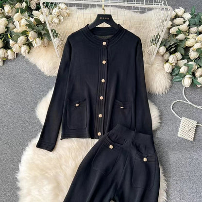 Knitted Cardigan Top Spring Autumn High End Sweater Jacket High Waist Slimming Wide Leg Pants Suit