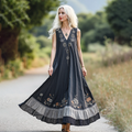 Retro Bohemian Floral Embroidery Art Sleeveless  Cozy Linen Maxi Dress elevenforest
