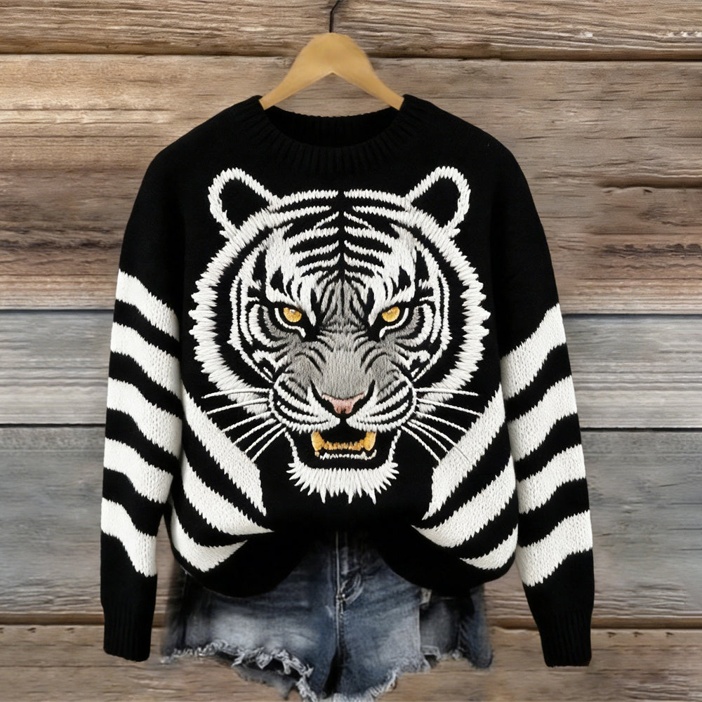 Comstylish Animal White Tiger Striped Pattern Crew Neck Cozy Sweater