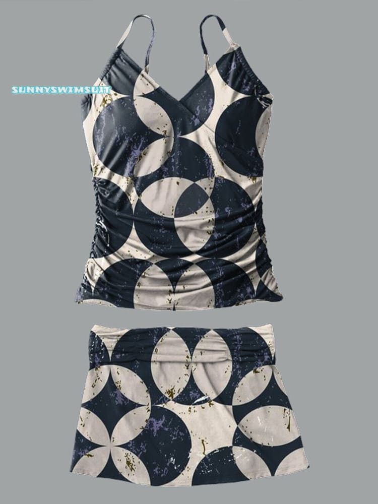 V-Neck Retro Ethnic Round Flower Print Suspender Skirt Tankini Pantskirt Set Swimsuit