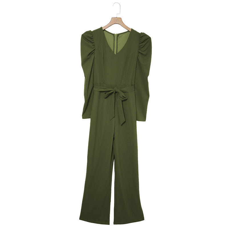 Spring Autumn Long Sleeved Color Jumpsuit Lace Up Waist Wide Leg Pants – Outfit