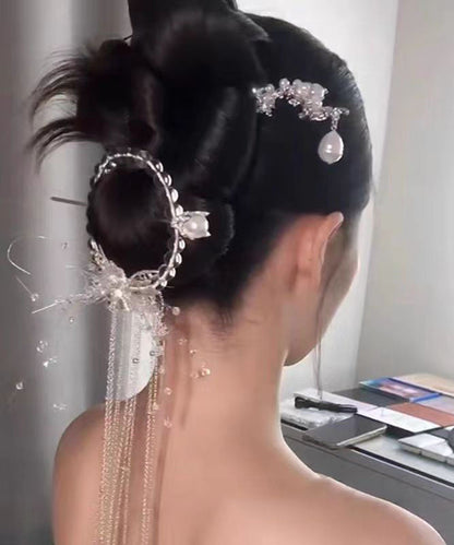 White Alloy Crystal Pearl Tassel Hairpin