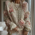 Women's Pink Rose Knitted Warm Long Sleeve Crew Neck Sweater elevenforest