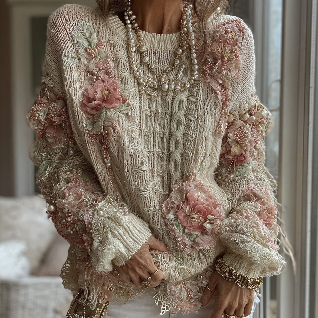 Women's Pink Rose Knitted Warm Long Sleeve Crew Neck Sweater elevenforest