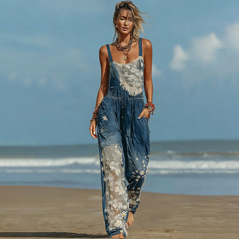 Boho Ethnic Daisy Lace Embroidered Pattern Floral Patchwork Linen Jumpsuit elevenforest