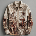 Western Cowboy Style Animal Elements Retro Cotton And Linen Men's Shirt elevenforest