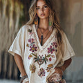 Women's Floral Embroidery Short Sleeve Casual Linen Top elevenforest