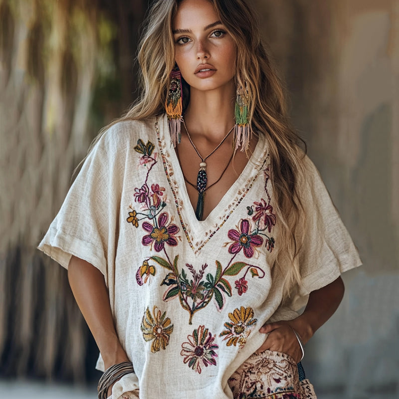 Women's Floral Embroidery Short Sleeve Casual Linen Top elevenforest