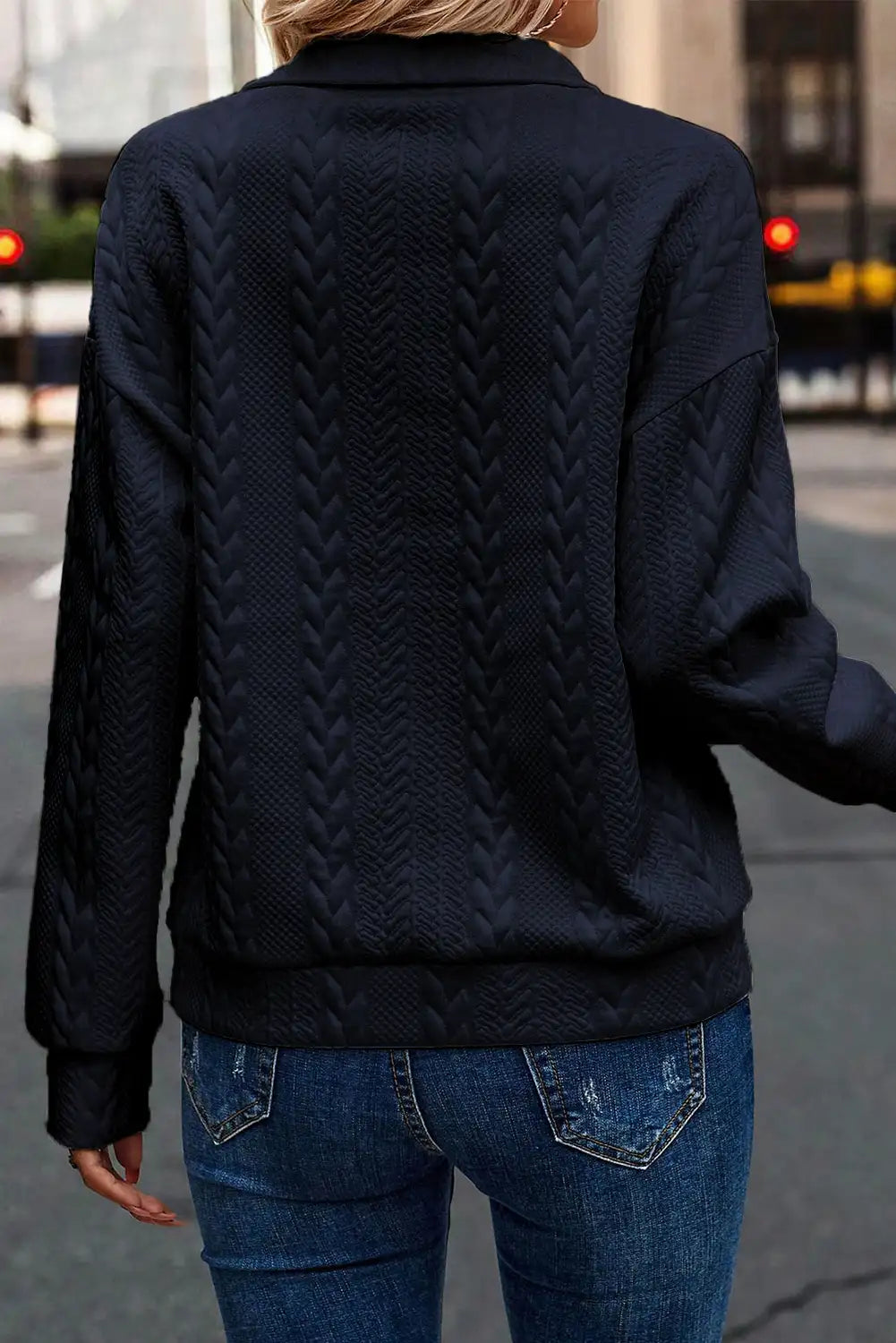 Navy Blue Cable Textured Sweatshirt