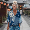 Women's Vintage Japanese Traditional Sashiko And Wave Patchwork Art Print Linen Tops elevenforest