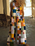 Vintage Square Patchwork Boho Art Women's Linen Wide Leg Jumpsuit elevenforest