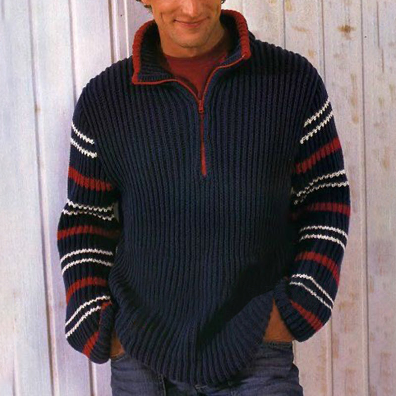 Retro Color Stripes Knit Jacquard Iceland Half Zip Neck Sweater elevenforest