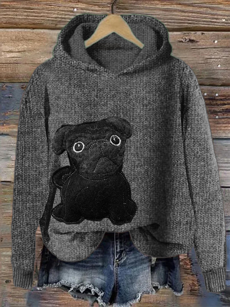 Comstylish Lovely Black Pug Dog Felt Cozy Knit Hooded Sweater