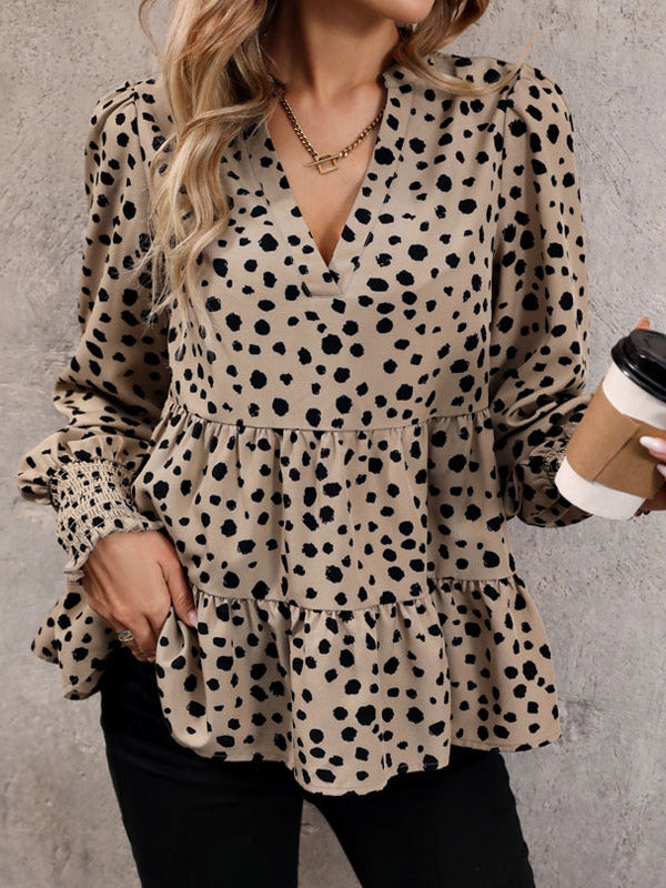 Long Sleeves Loose Elasticity Polka-dot Split-joint V-neck Blouses&shirts Tops