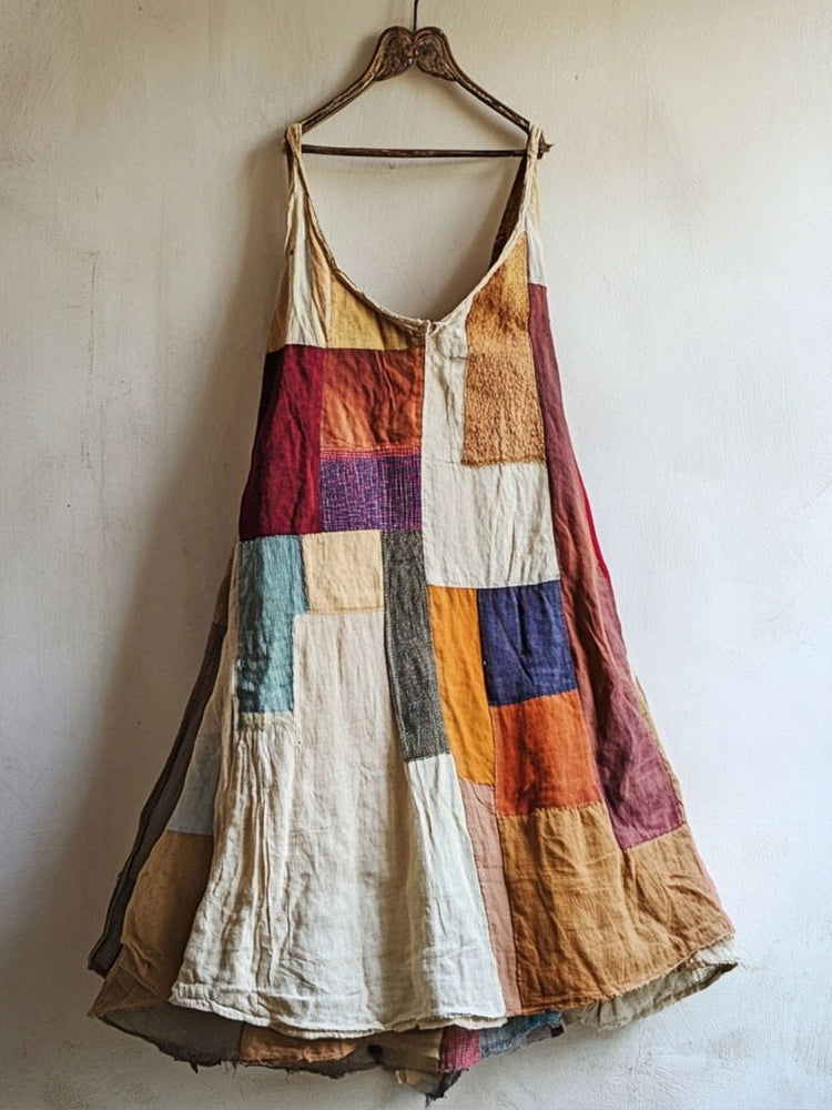 Colorful Patchwork Linen Blend Dress elevenforest
