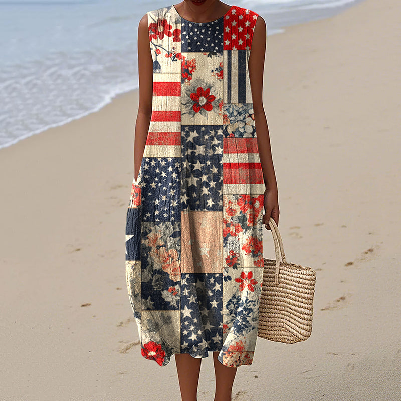 Vintage Independence Day American Flag Patch Floral 4th Of July Art Linen Tank Dress elevenforest