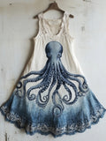 Octopus Pattern Lace Patchwork Linen Blend Dress elevenforest