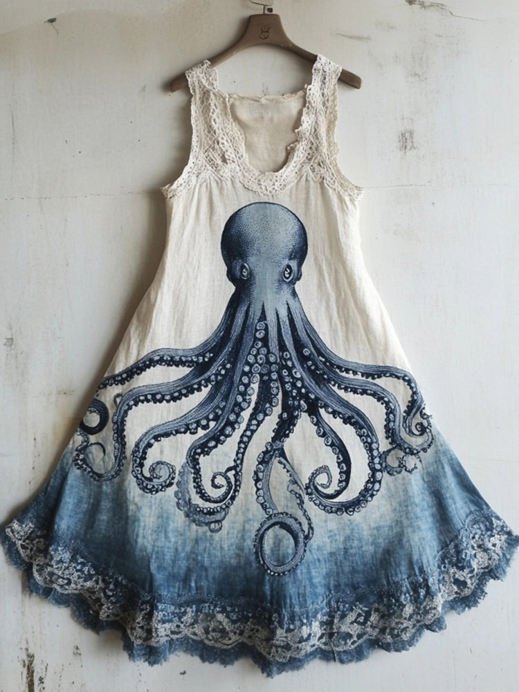Octopus Pattern Lace Patchwork Linen Blend Dress elevenforest