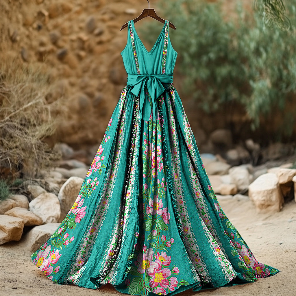 Women's Vintage Floral Art Print Sleeveless Cotton And Linen Dress elevenforest