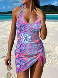 Floral Print Pleated Drawstring V-neck Tankini Pantskirt Set Swimsuit