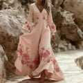 Vintage Rose Art Women's Linen Long Sleeve Maxi V-neck Dress elevenforest