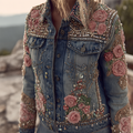 Bohemian Style Pink Rose Embroidery Women's Denim Jacket elevenforest