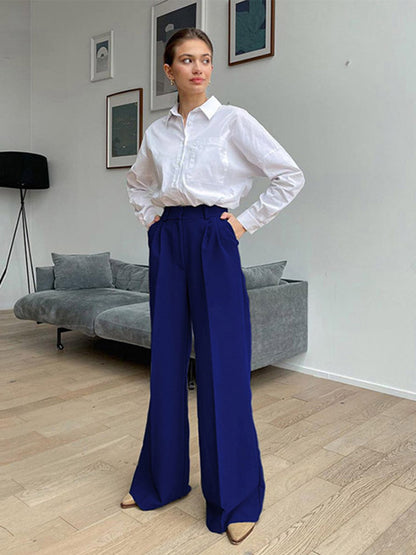 Blue Office ’s Pants Loose Full Length Trousers High Waist Wide Pants for