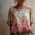 Pink Butterflies & Roses Embroidered Gradient Flowy Linen Shirt elevenforest
