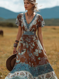 Bohemian Style Retro Floral Pattern Women's V-neck Dress elevenforest