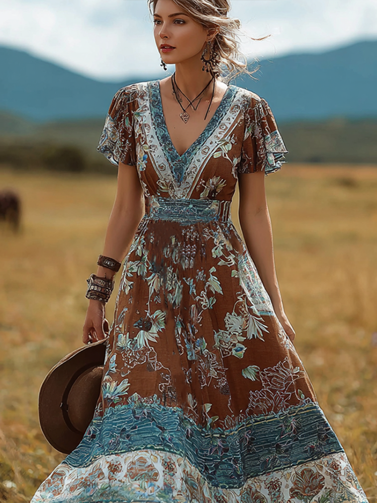 Bohemian Style Retro Floral Pattern Women's V-neck Dress elevenforest