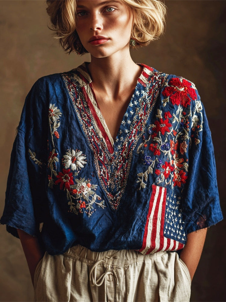 Independence Day Vintage Ethnic Floral Embroidery Women's Linen V-neck Shirt elevenforest