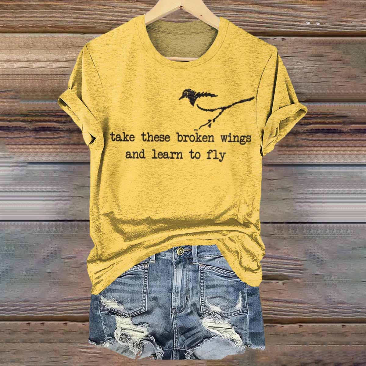Hippie Take These Broken Wings Print Crew Neck T-shirt