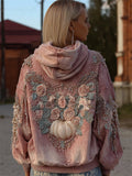 Vintage Thanksgiving Pink Pumpkin Floral Beaded Comfy Hoodie elevenforest
