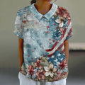Vintage Independence Day Flag Flower Print Lapel Short Sleeve Blouses elevenforest