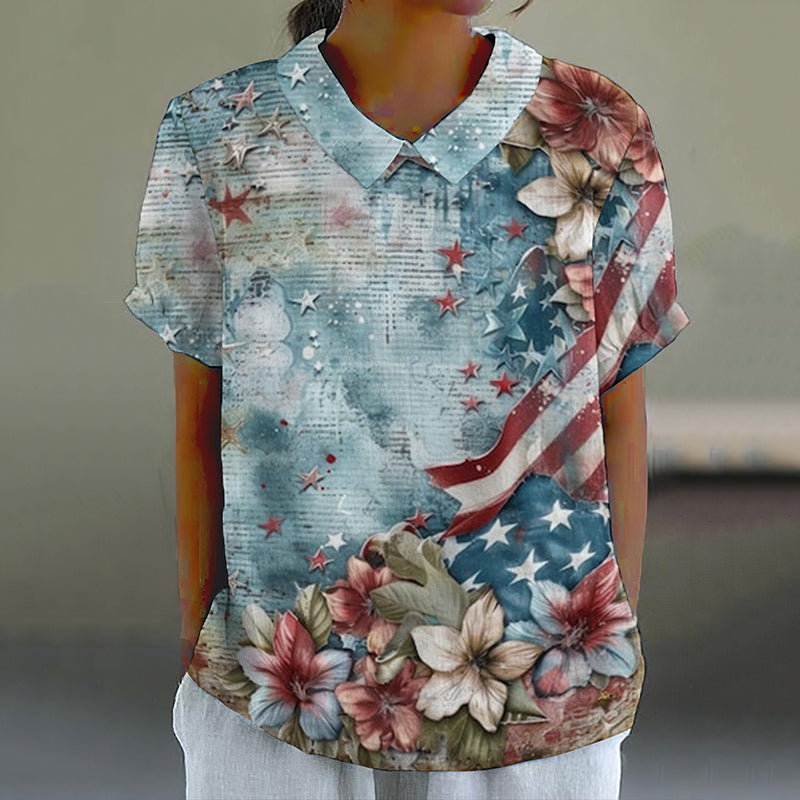 Vintage Independence Day Flag Flower Print Lapel Short Sleeve Blouses elevenforest